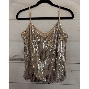 Heartloom Sequin Cami Top Silver V Neck Spaghetti Strap Sparkly Party Small